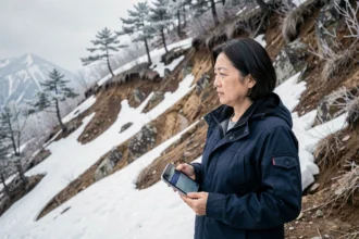 Chercheuse japonaise analysant la fonte des neiges sur les pentes du Tohoku au printemps 2026 dans le contexte du changement climatique