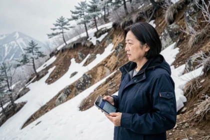Chercheuse japonaise analysant la fonte des neiges sur les pentes du Tohoku au printemps 2026 dans le contexte du changement climatique