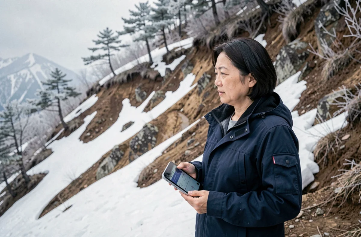 Chercheuse japonaise analysant la fonte des neiges sur les pentes du Tohoku au printemps 2026 dans le contexte du changement climatique