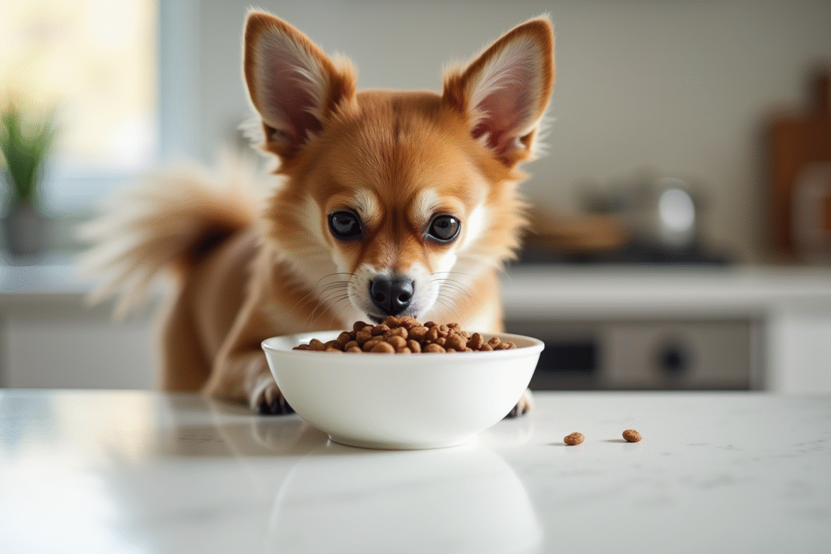 Chihuahua Papillon mangeant une nourriture naturelle dans une cuisine lumineuse