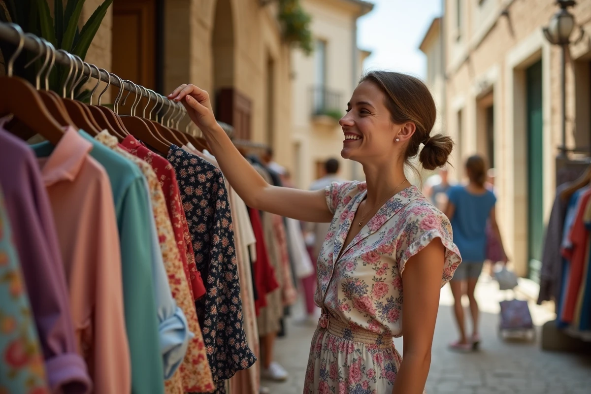 Jeune femme chinant des vêtements vintage dans une allée de brocante en plein air en Lot-et-Garonne