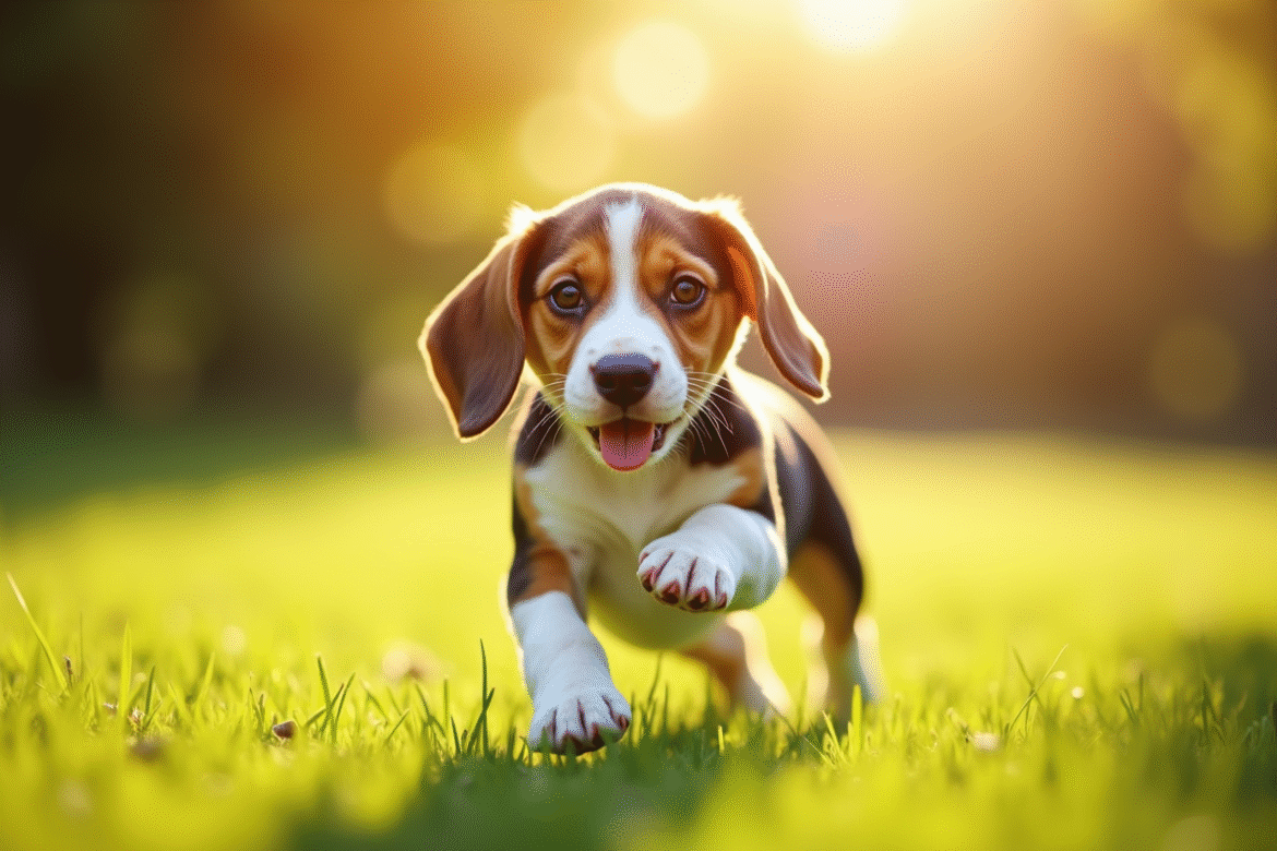 Chiot beagle joueur dans un jardin ensoleille