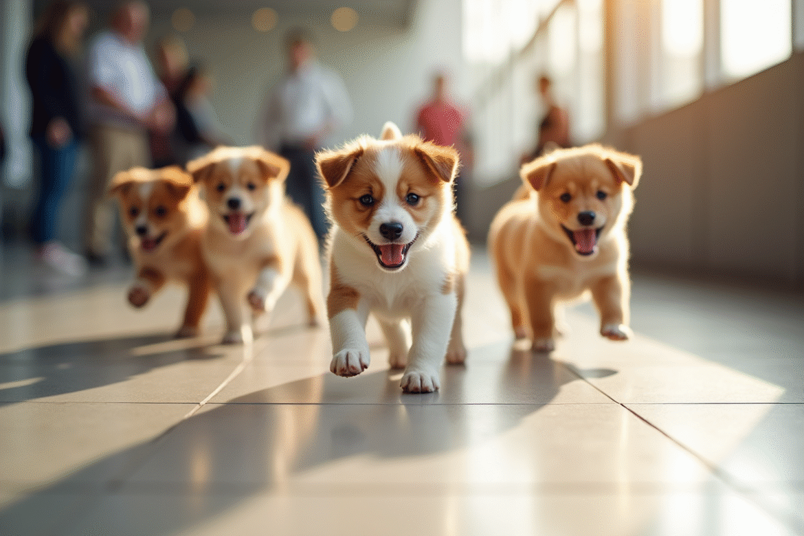 Groupe de chiots jouant lors d'une exposition canine