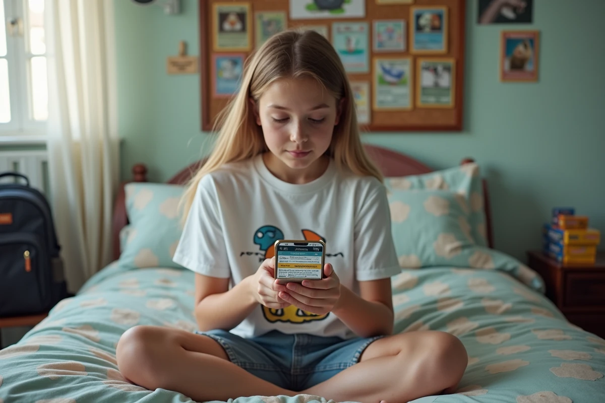 Adolescente consultant une boutique en ligne sur smartphone pour acheter des codes Pokémon Card Game Online