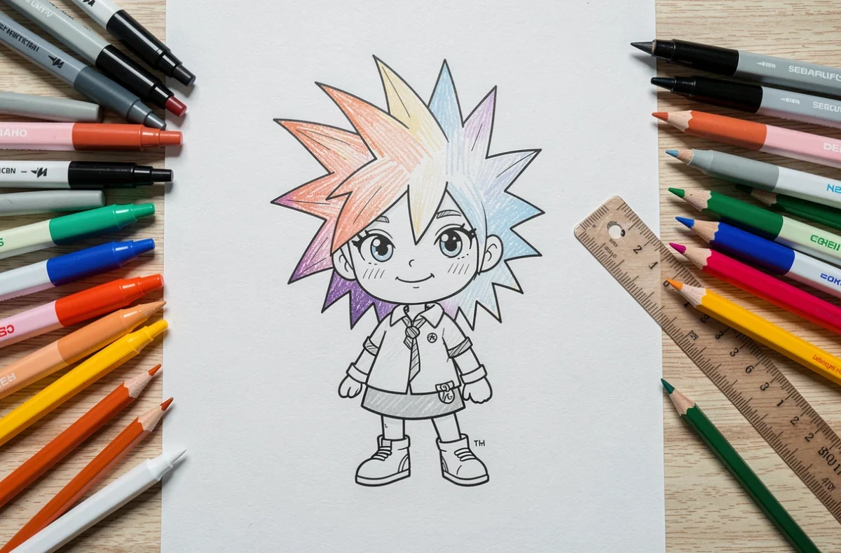 Vue aérienne d'un coloriage Mortelle Adèle entouré de feutres et crayons de couleur organisés