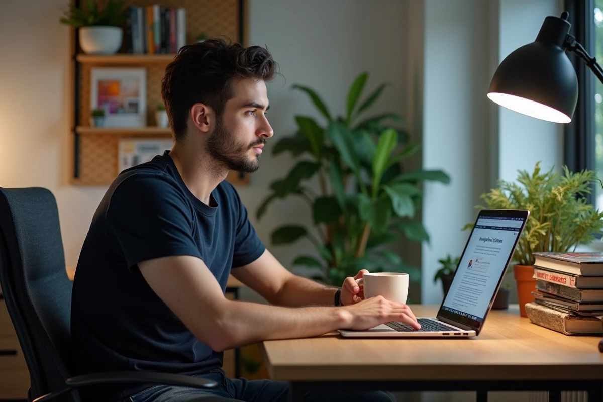Homme comparant des plateformes de webtoons légales sur un ordinateur portable dans un bureau moderne