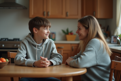 Adolescent de 15 ans en conversation avec une adulte dans la cuisine