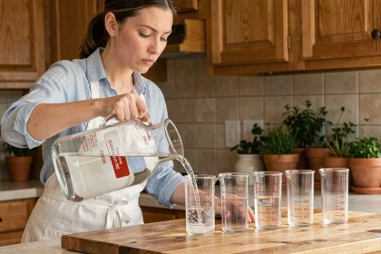 Femme versant 5 litres d'eau depuis une carafe en verre dans cinq verres gradués de 1000 ml pour illustrer la conversion 5L en ml