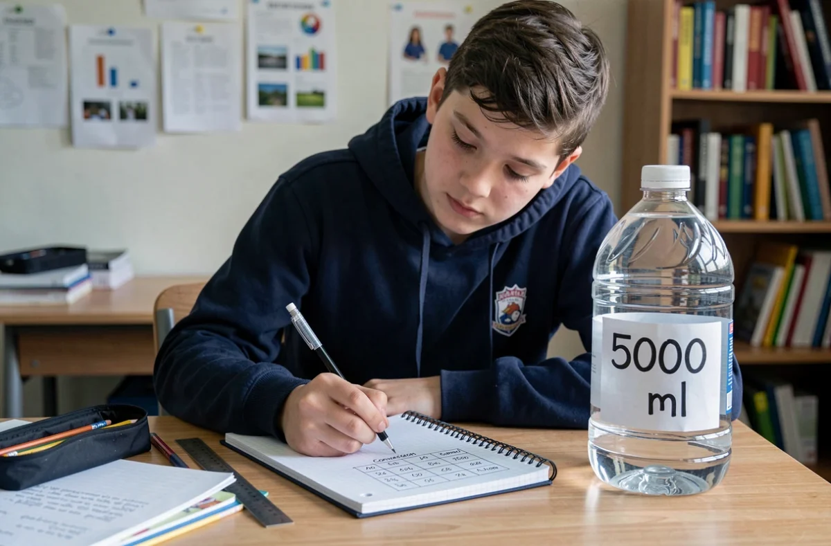 Adolescent prenant des notes sur la conversion de 5 litres en millilitres avec une bouteille de 5L posée sur un bureau scolaire