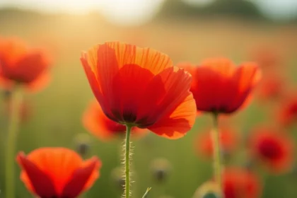 Coquelicots rouges sauvages en plein champ, pétales translucides et symboliques dans une prairie verdoyante