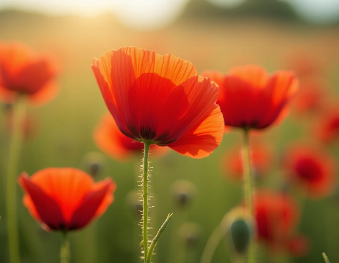 Coquelicots rouges sauvages en plein champ, pétales translucides et symboliques dans une prairie verdoyante
