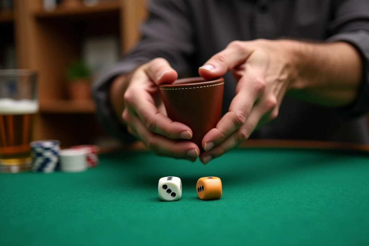 Mains tenant un cornet en cuir pour lancer les dés lors d'une partie de 421 sur un tapis de jeu vert