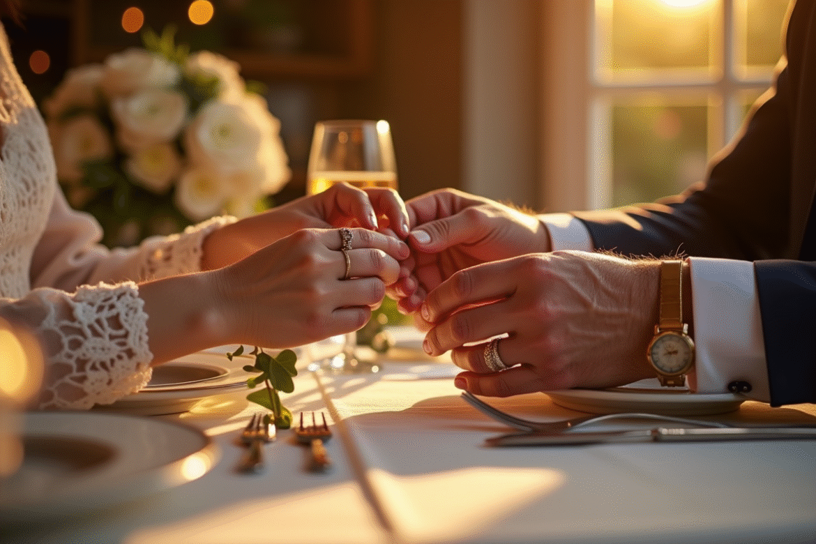 Couple d'âgés échangeant des anneaux lors d'une célébration élégante