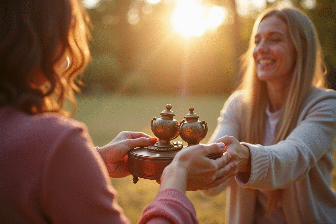 Couple heureux échangeant des cadeaux en bronze pour leur 8e anniversaire