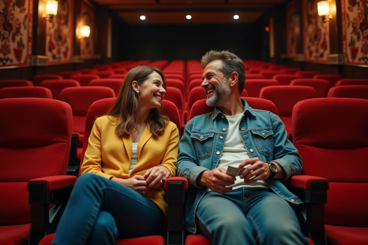 Couple d'adultes dans un cinéma vintage des années 90