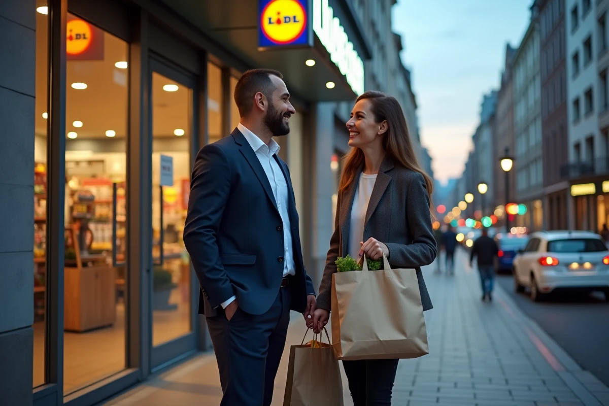 Couple de collègues sortant d'un Lidl en ville avec leurs courses après le travail au crépuscule