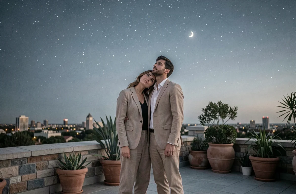 Couple romantique regardant les étoiles sur un toit terrasse, symbolisant l'heure miroir 21h21 et les connexions amoureuses astrologiques