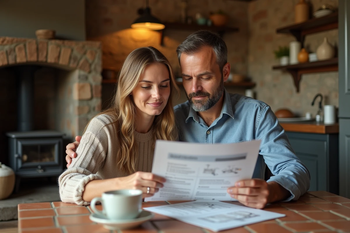 Couple consultant un guide sur les nouvelles réglementations de chauffage au bois dans une cuisine en pierre