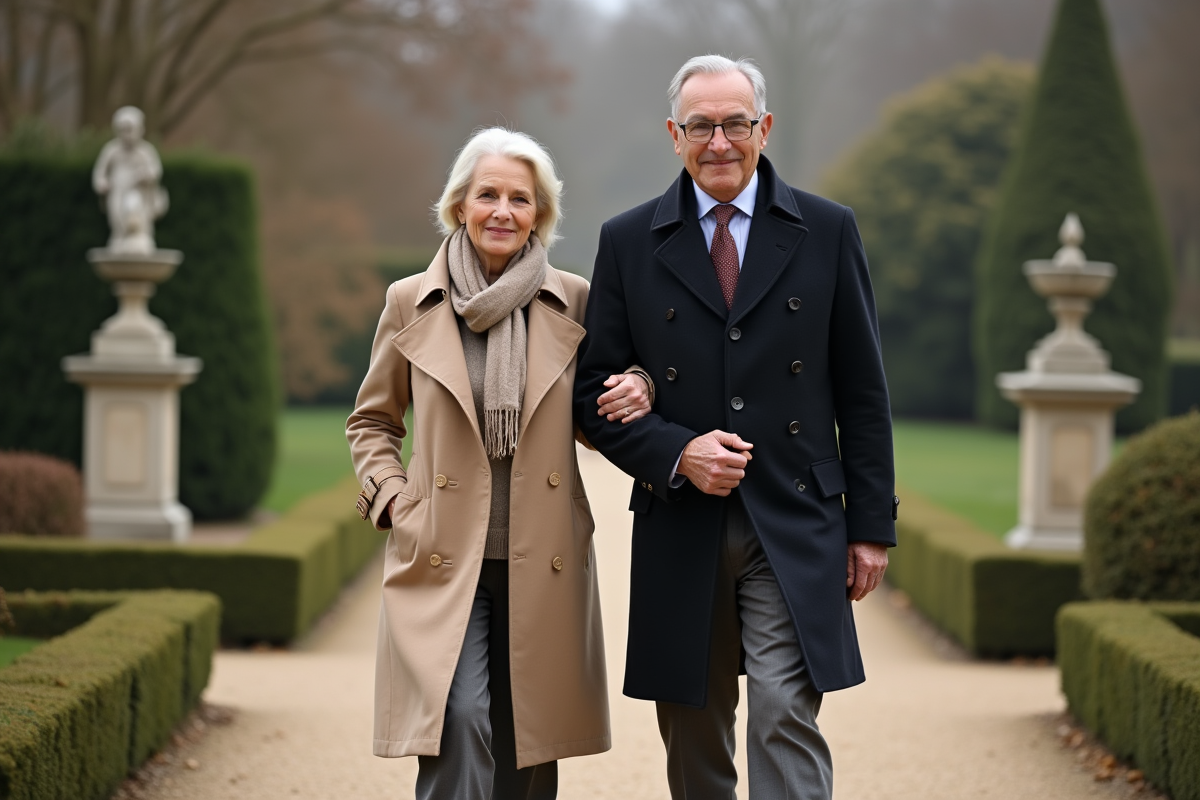 Couple mature se promenant dans un jardin tranquille