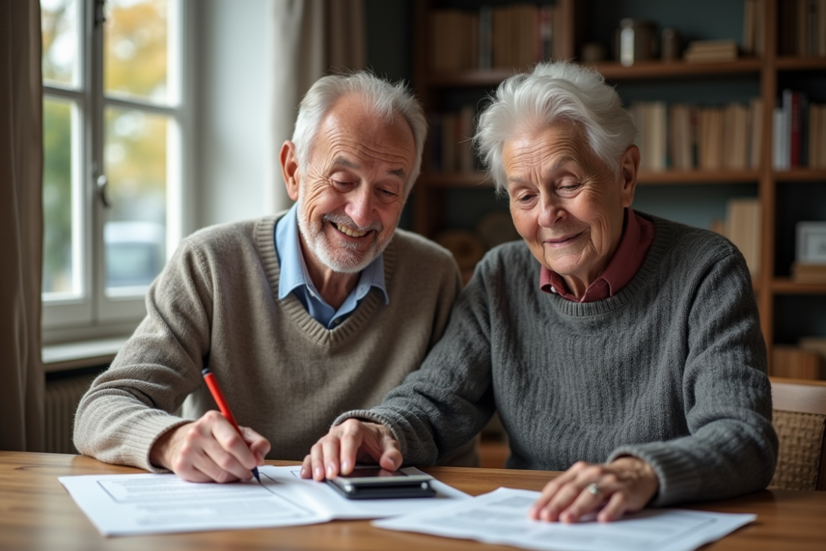 Couple retraité français souriant à table avec documents