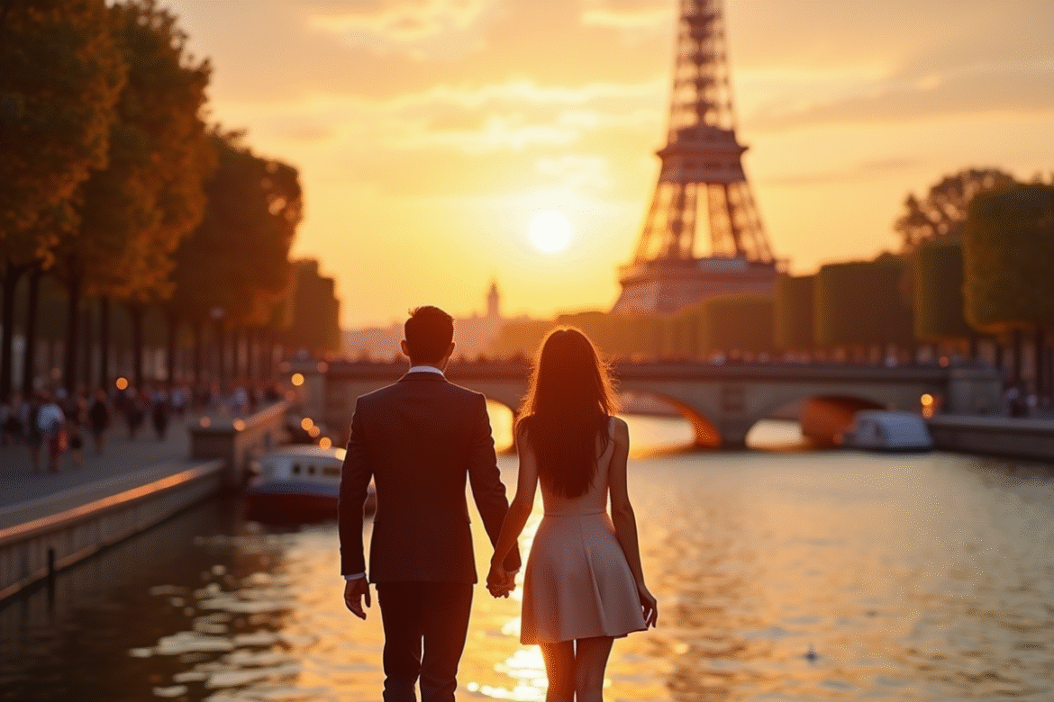 Couple main dans la main sur la Seine avec Tour Eiffel floue
