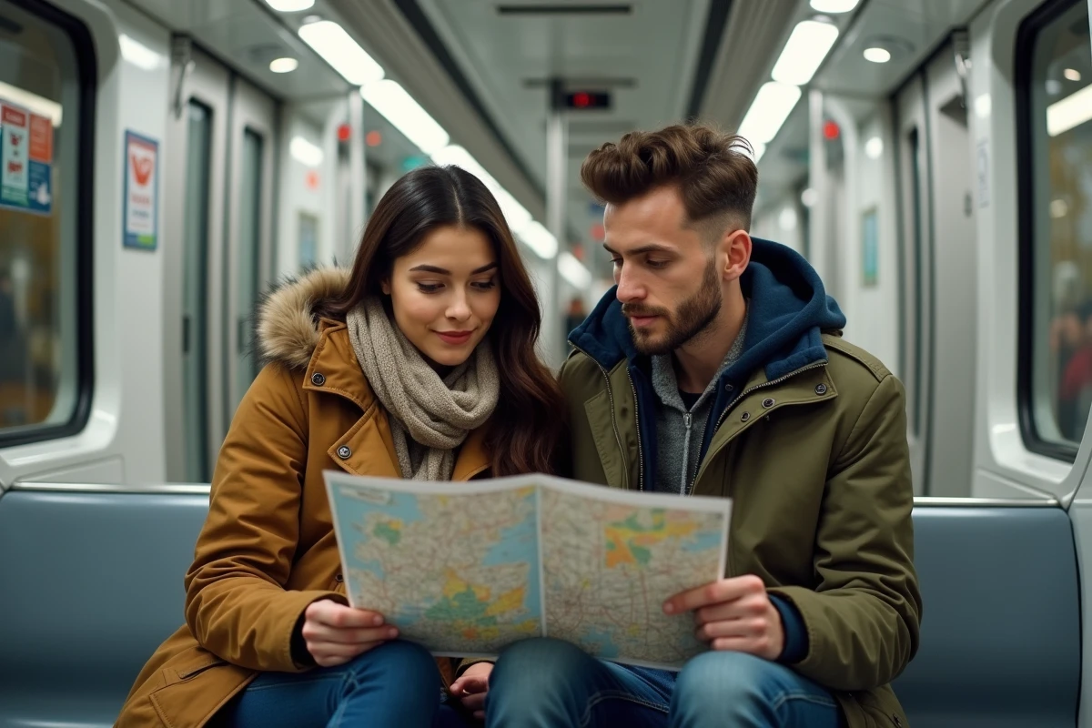 Couple de touristes consultant une carte de Paris dans une rame automatique du métro ligne 14