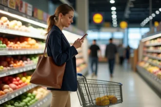 Femme en tenue professionnelle faisant ses courses du soir dans un supermarché Lidl après le travail