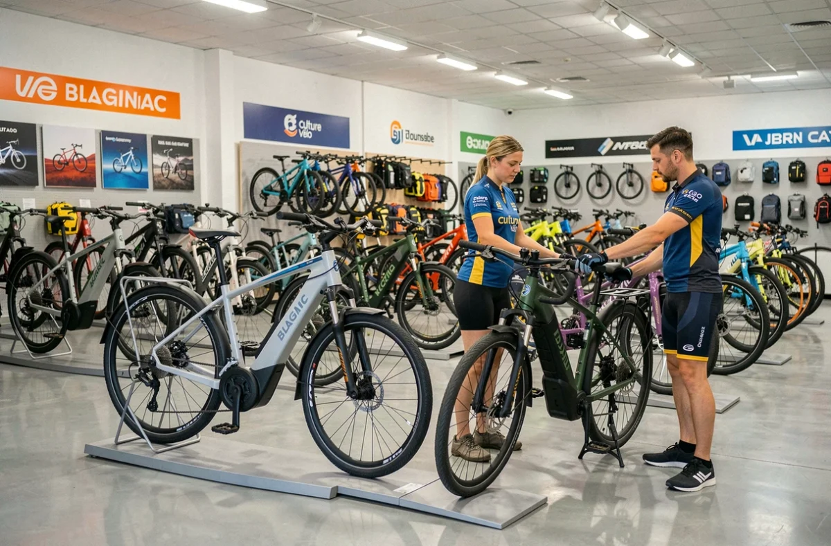 Intérieur du magasin Culture Vélo Toulouse Blagnac avec des vélos électriques exposés et une vendeuse conseillant un client