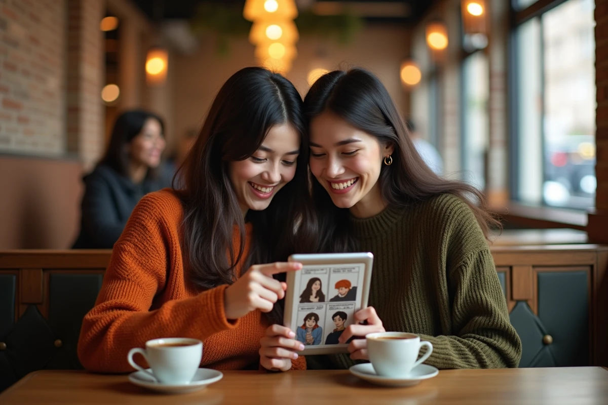 Deux amies découvrant ensemble des scans Boy's Love en français sur une tablette dans un café