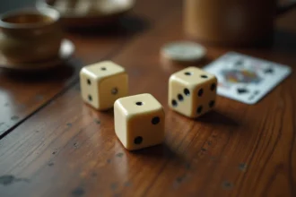 Trois dés ivoire montrant le 4, le 2 et le 1 sur une table en chêne foncé lors d'une partie du jeu 421