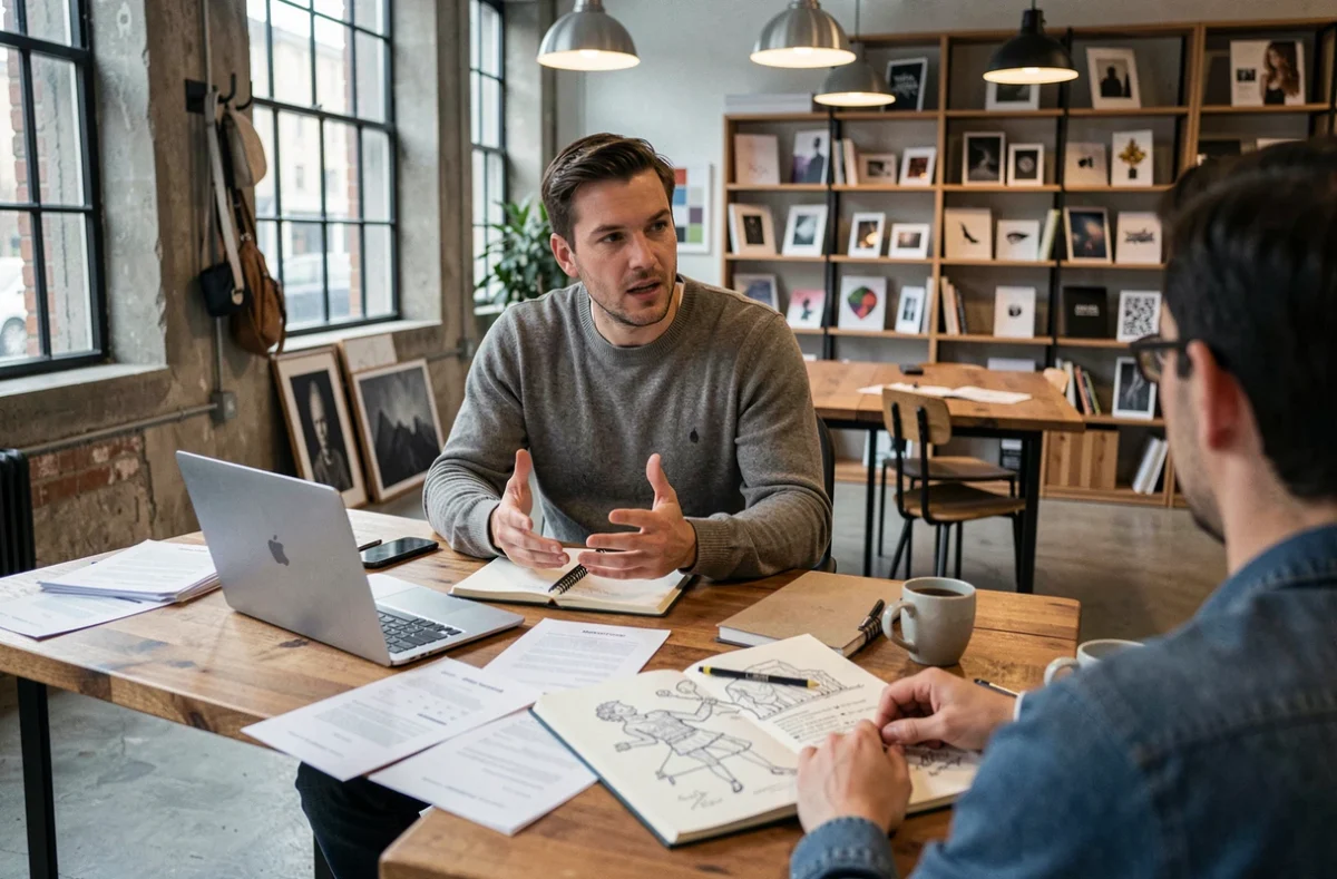Designer autodidacte en entretien d'embauche dans un espace de co-working, illustrant le débat sur le diplôme dans les métiers créatifs