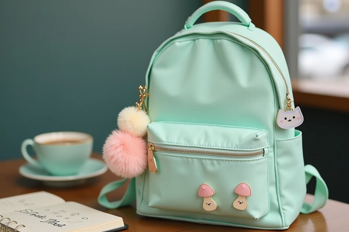 Gros plan d'un mini sac à dos kawaii vert menthe avec pompom, breloque chat acrylique et pins champignons émail posé sur une table de café en bois