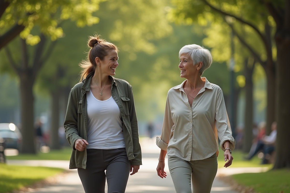 Deux femmes marchant dans un parc urbain en pleine conversation