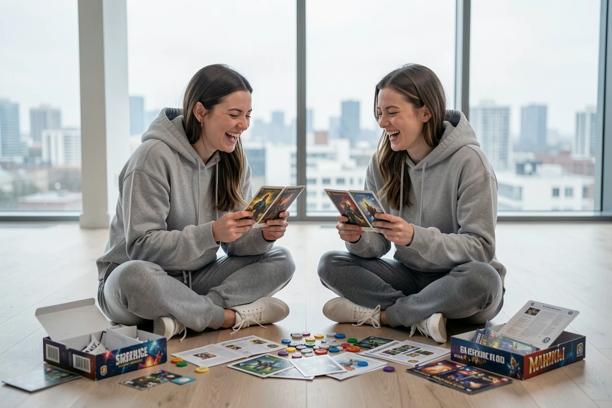 Deux femmes découvrant les règles d'un nouveau jeu de société éparpillé sur le sol d'un appartement moderne