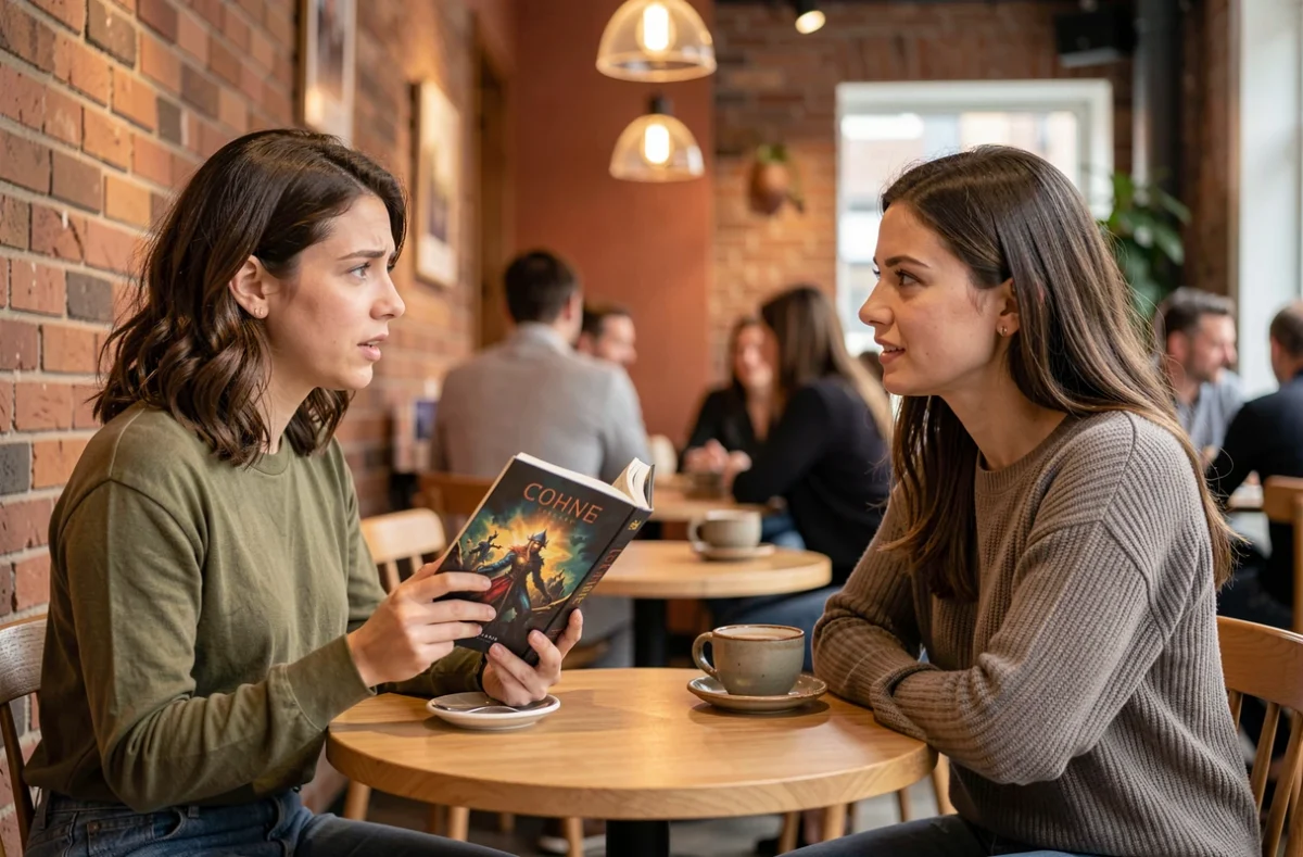 Deux amies discutant d'un roman romantasy dans un café, évoquant l'importance du dialogue et du soutien pour une lecture saine sans se déclencher émotionnellement