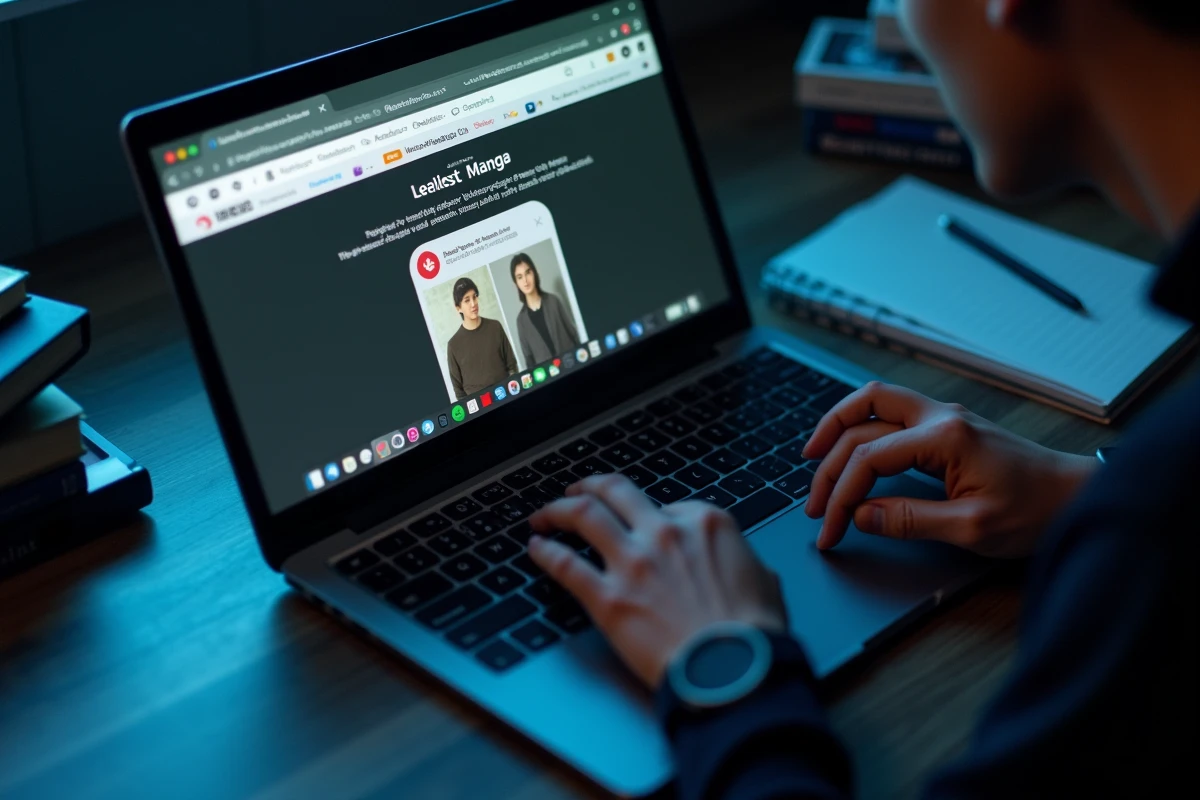 Gros plan sur un écran d'ordinateur affichant un site de scantrad avec une extension VPN activée dans le navigateur, main posée sur le clavier