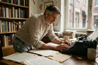 Écrivain américain des années 90 penché sur une machine à écrire dans un bureau encombré, évoquant l'univers de la fiction speed et du roman noir de Jerry Stahl