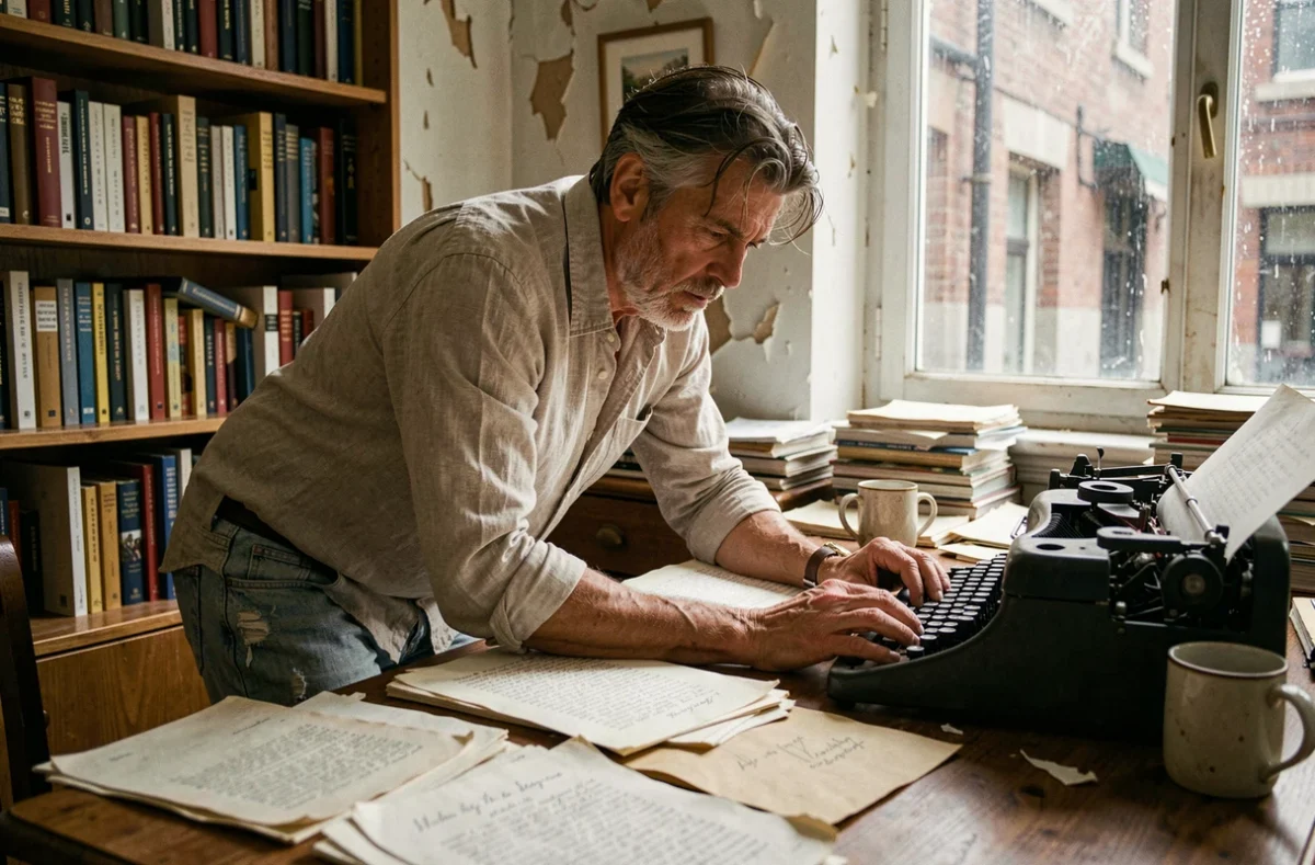Écrivain américain des années 90 penché sur une machine à écrire dans un bureau encombré, évoquant l'univers de la fiction speed et du roman noir de Jerry Stahl