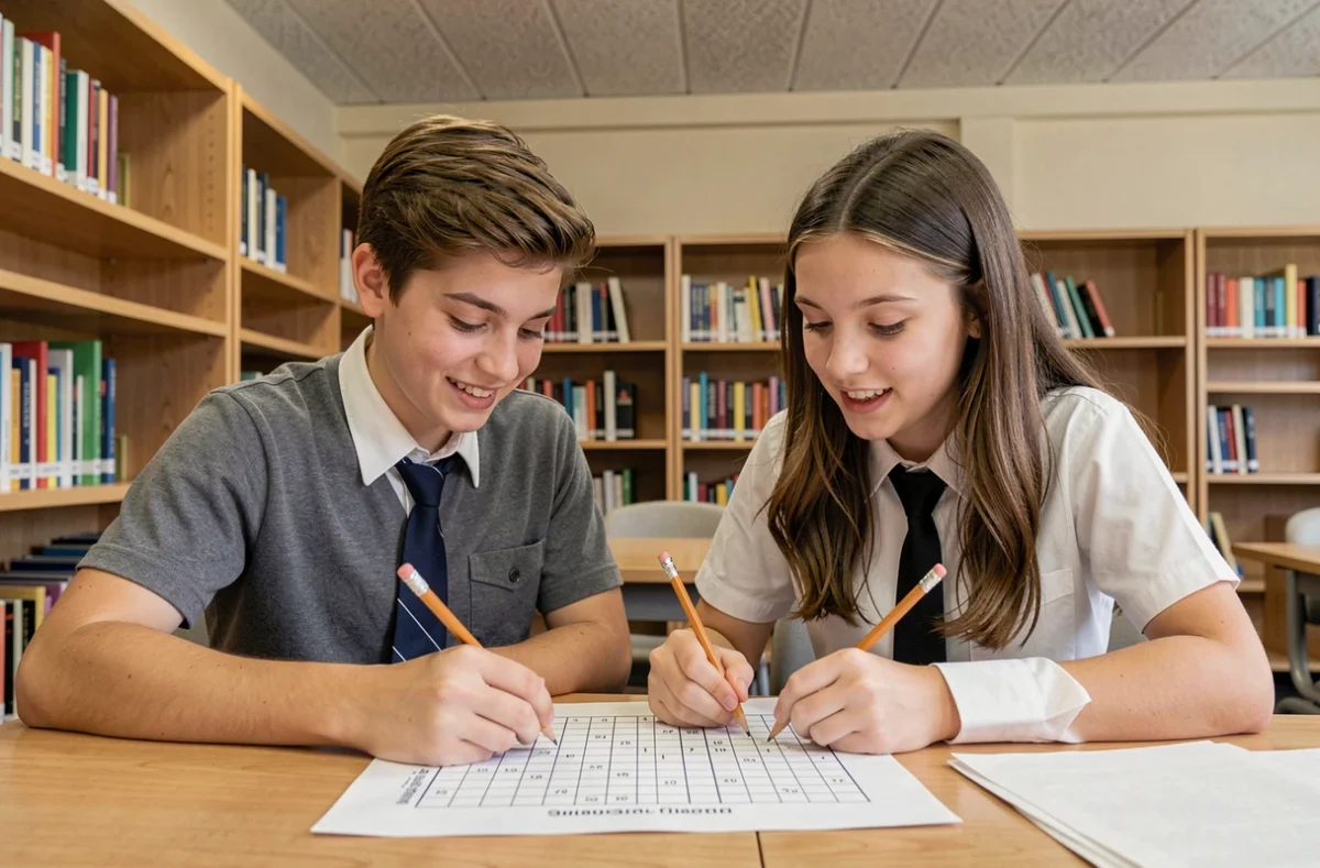 Deux adolescents travaillant ensemble sur une grille de mots croisés imprimée dans une bibliothèque scolaire, renforçant la mémorisation par l'apprentissage collaboratif