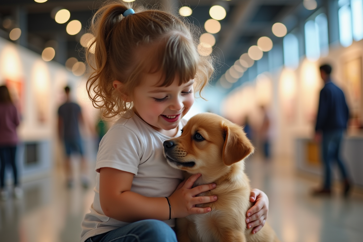 Enfant souriant caressant un petit chiot dans un hall lumineux