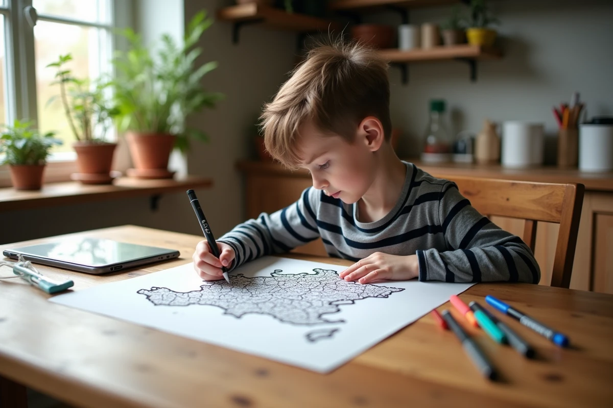 Un garçon colorie une carte de France à la maison