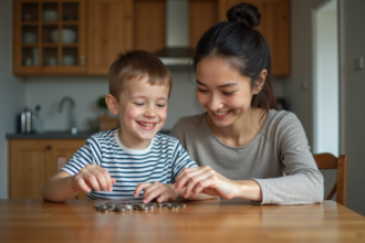 Jeune garçon comptant des pièces avec sa mère dans la cuisine