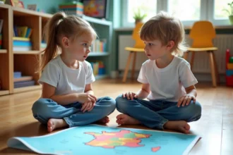 Deux enfants étudient une carte de France à l'école