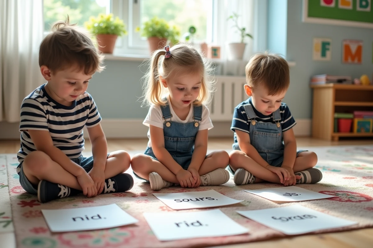 Enfants de maternelle assis sur un tapis coloré explorant des cartes de mots simples rimant en i