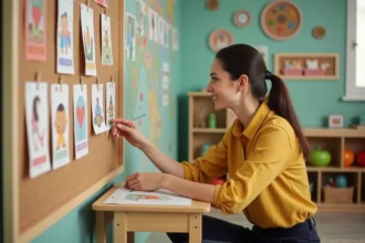 Enseignante de maternelle montrant des cartes illustrées avec des mots rimant en i dans une salle de classe colorée