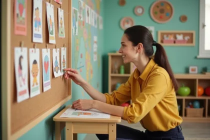 Enseignante de maternelle montrant des cartes illustrées avec des mots rimant en i dans une salle de classe colorée