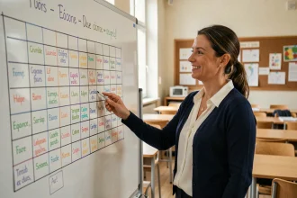Une enseignante pointant un grand tableau de mots croisés fait à la main dans une salle de classe, illustrant une méthode pédagogique pour renforcer la mémorisation des élèves