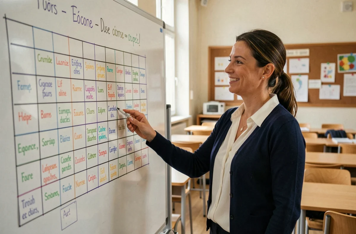 Une enseignante pointant un grand tableau de mots croisés fait à la main dans une salle de classe, illustrant une méthode pédagogique pour renforcer la mémorisation des élèves