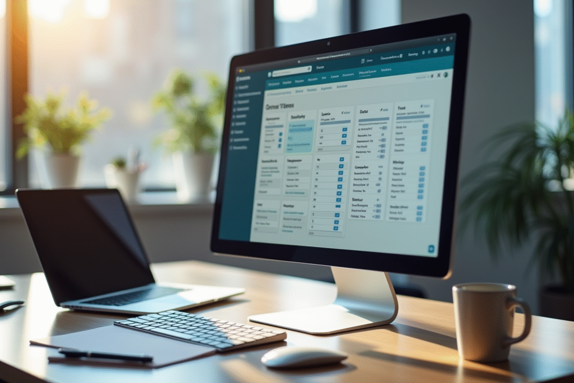 Espace de travail professionnel lumineux avec ordinateur et bureau organisé