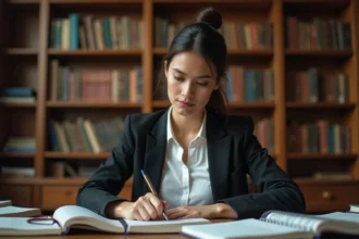 Étudiante en économie prenant des notes manuscrites sur la dotation factorielle dans une bibliothèque universitaire